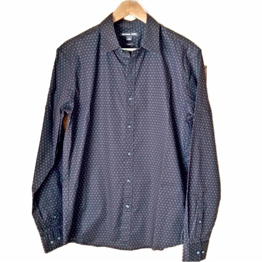 Michael Kors Slim Fit Cotton Stretch Polka Dot Dress Shirt Size L